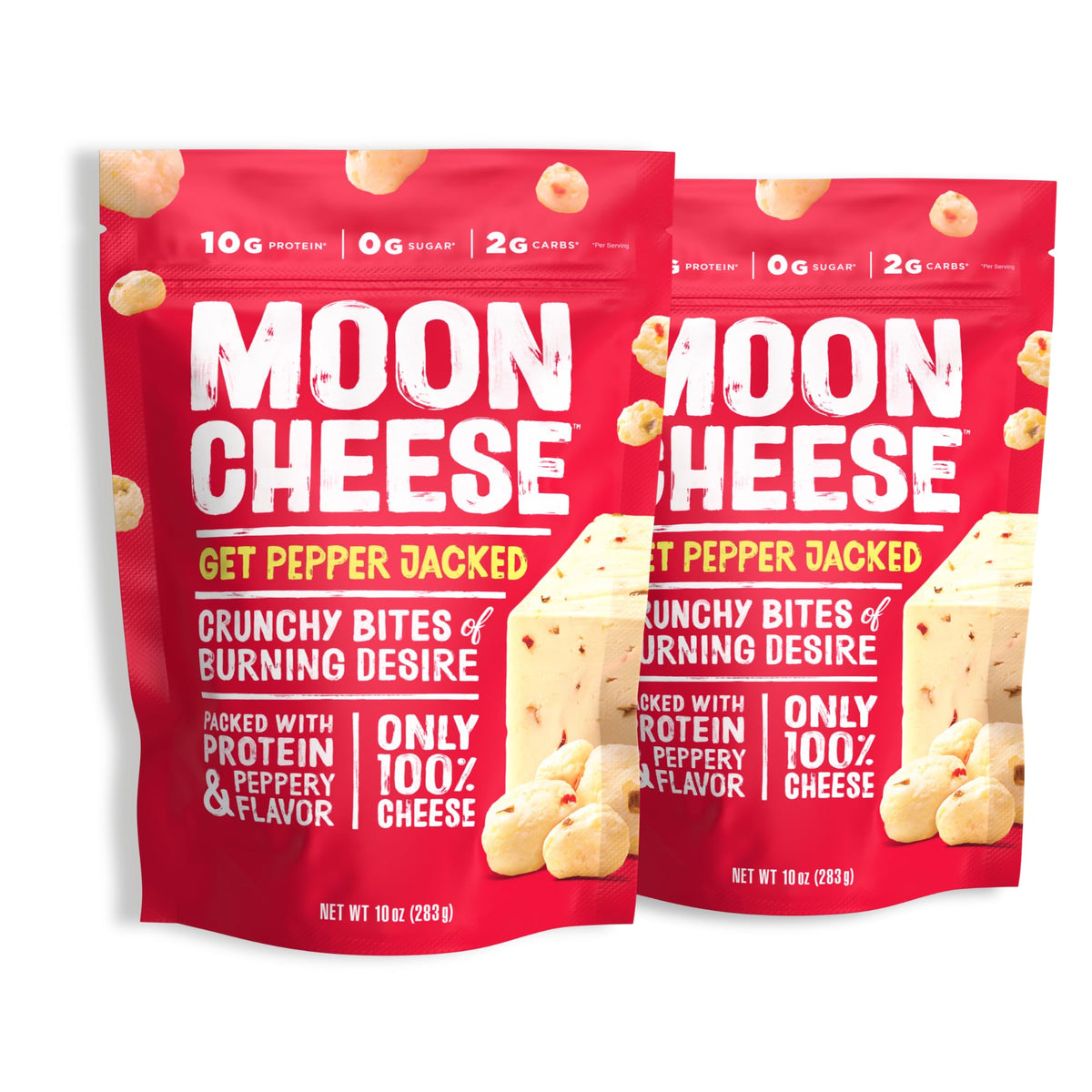 Moon Cheese Bites Pepper Jacked en empaque de dos paquetes de diez onzas, snack proteico práctico.