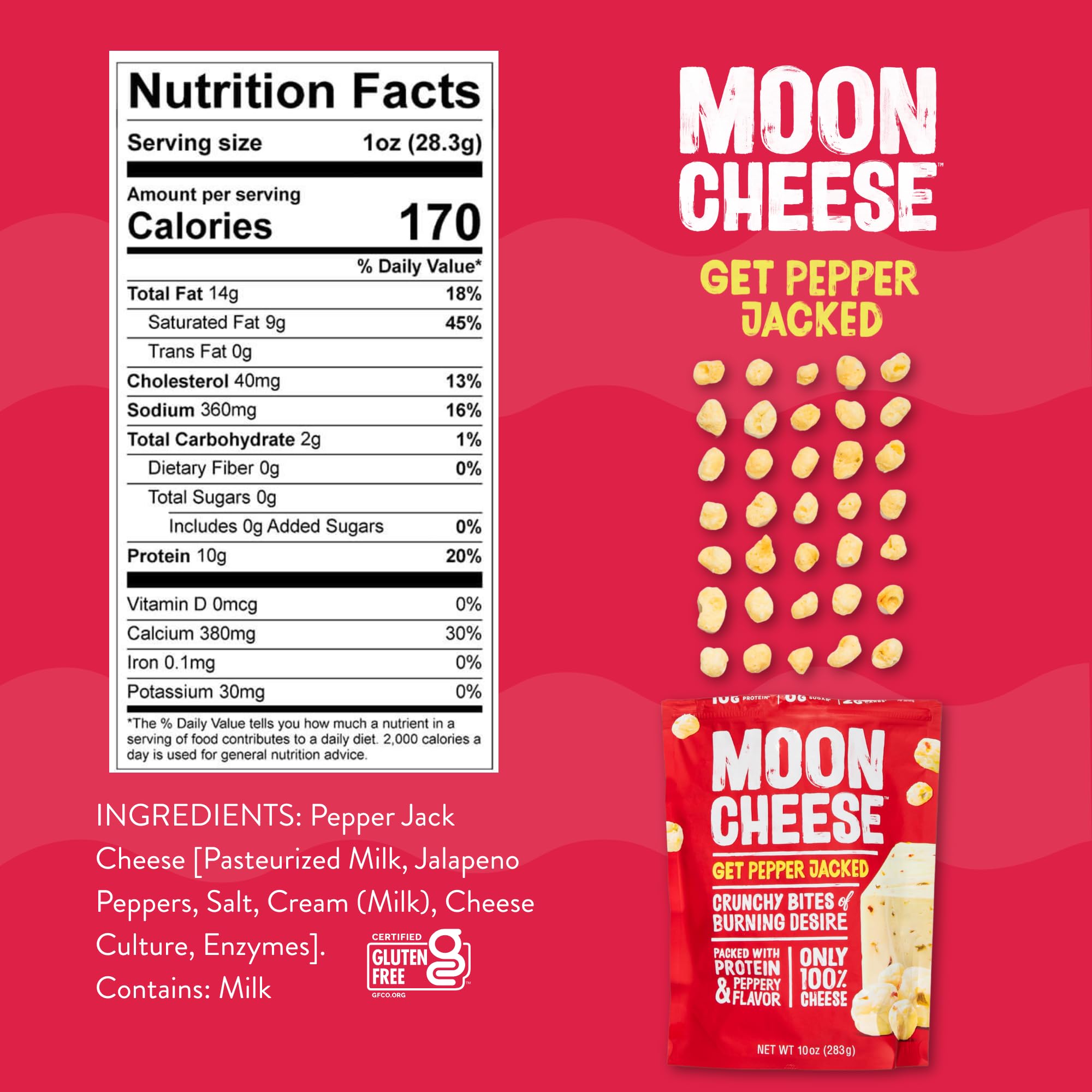 Moon Cheese Bites Pepper Jacked queso real en cada bocado, sabor pepper jack.