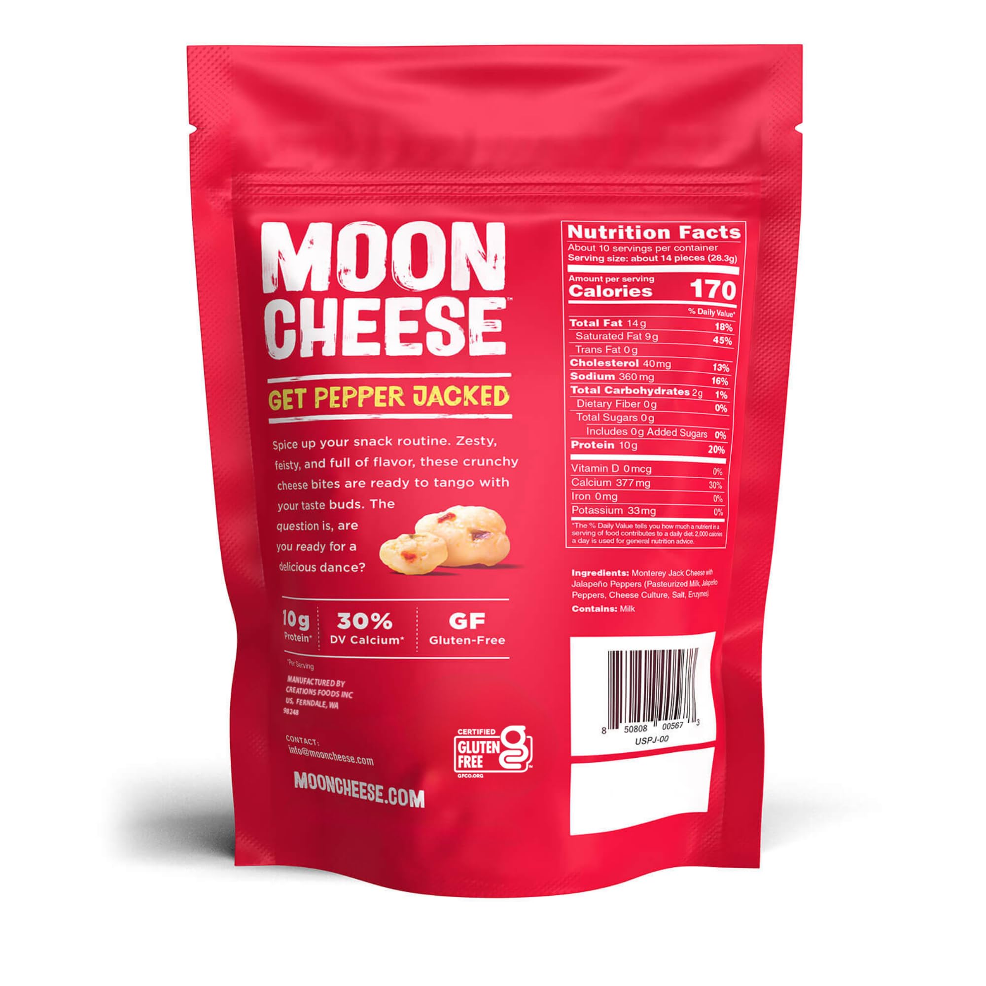 Moon Cheese Bites Pepper Jacked textura crujiente, snack sabroso con proteína.