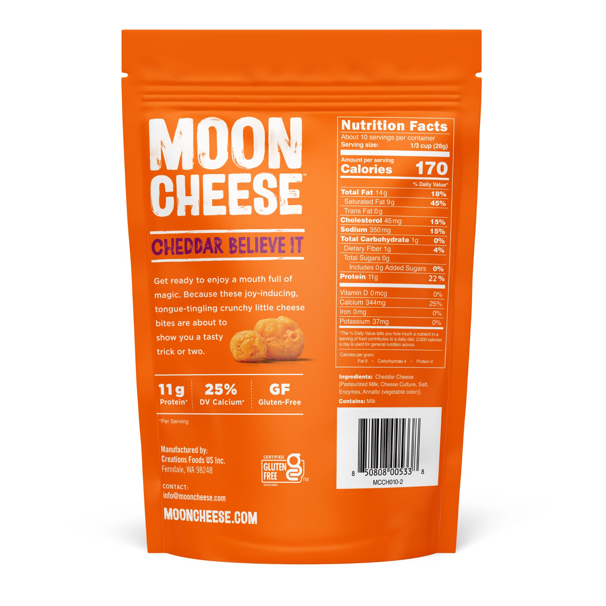 Moon Cheese Cheddar Believe It, bocaditos crujientes, alto en proteína para meriendas.