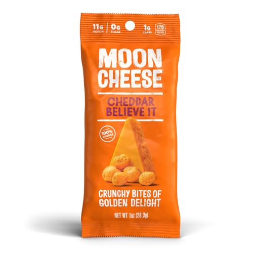 Bocados crujientes Moon Cheese Cheddar Believe It, snack bajo en carbohidratos para llevar.