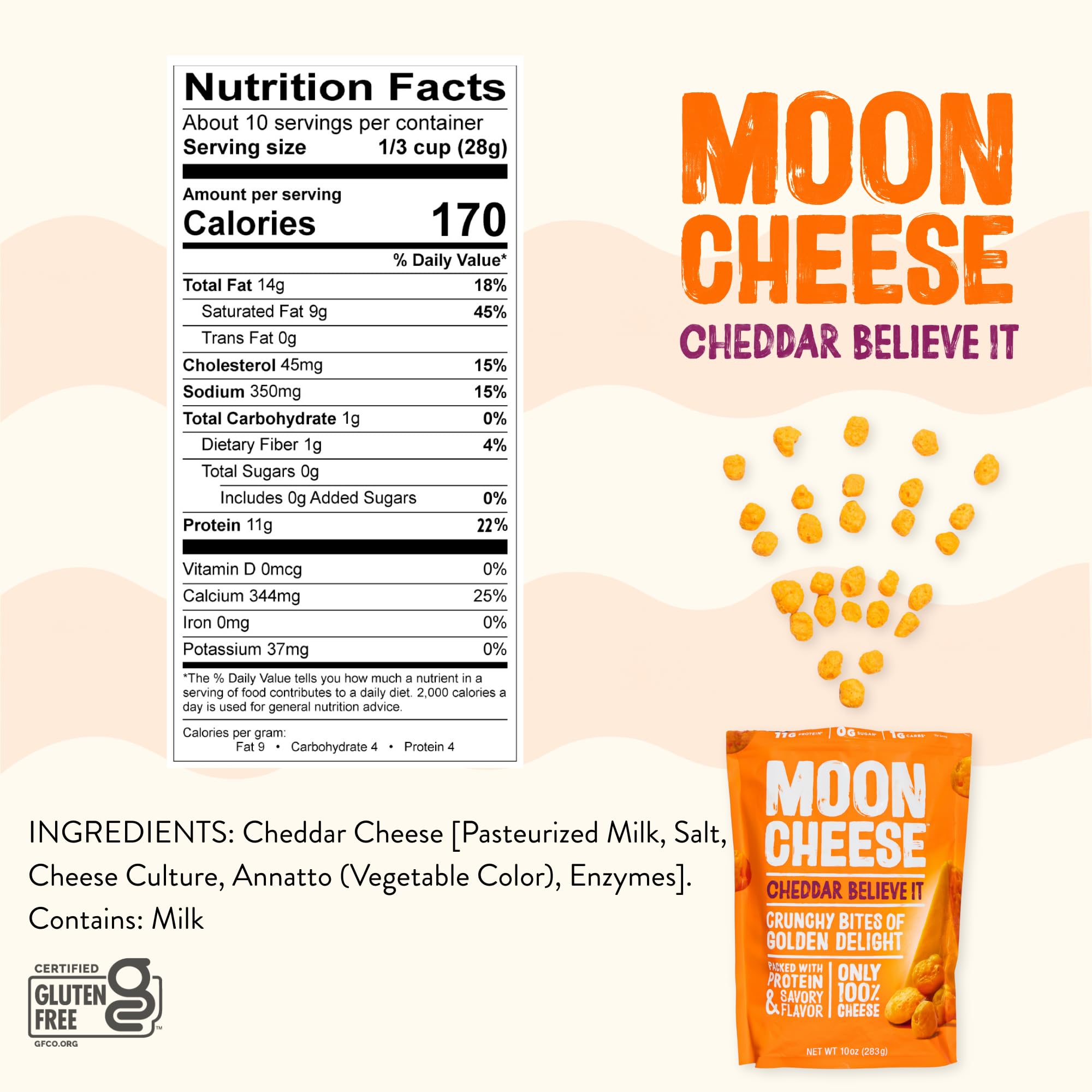 Moon Cheese Cheddar Believe It, etiqueta con información nutricional clara.