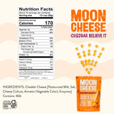 Moon Cheese Cheddar Believe It, etiqueta con información nutricional clara.
