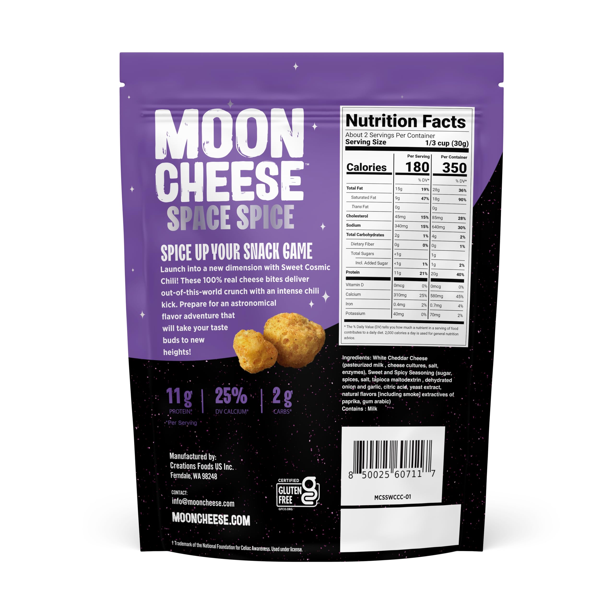 Moon Cheese Space Spice, bocados crujientes con sabor picante para meriendas sabrosas.