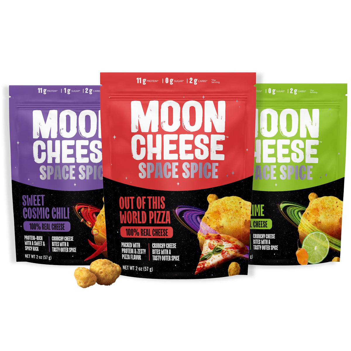 Moon Cheese Space Spice, bolsa 2oz crujiente tentempié alto en proteína para llevar.