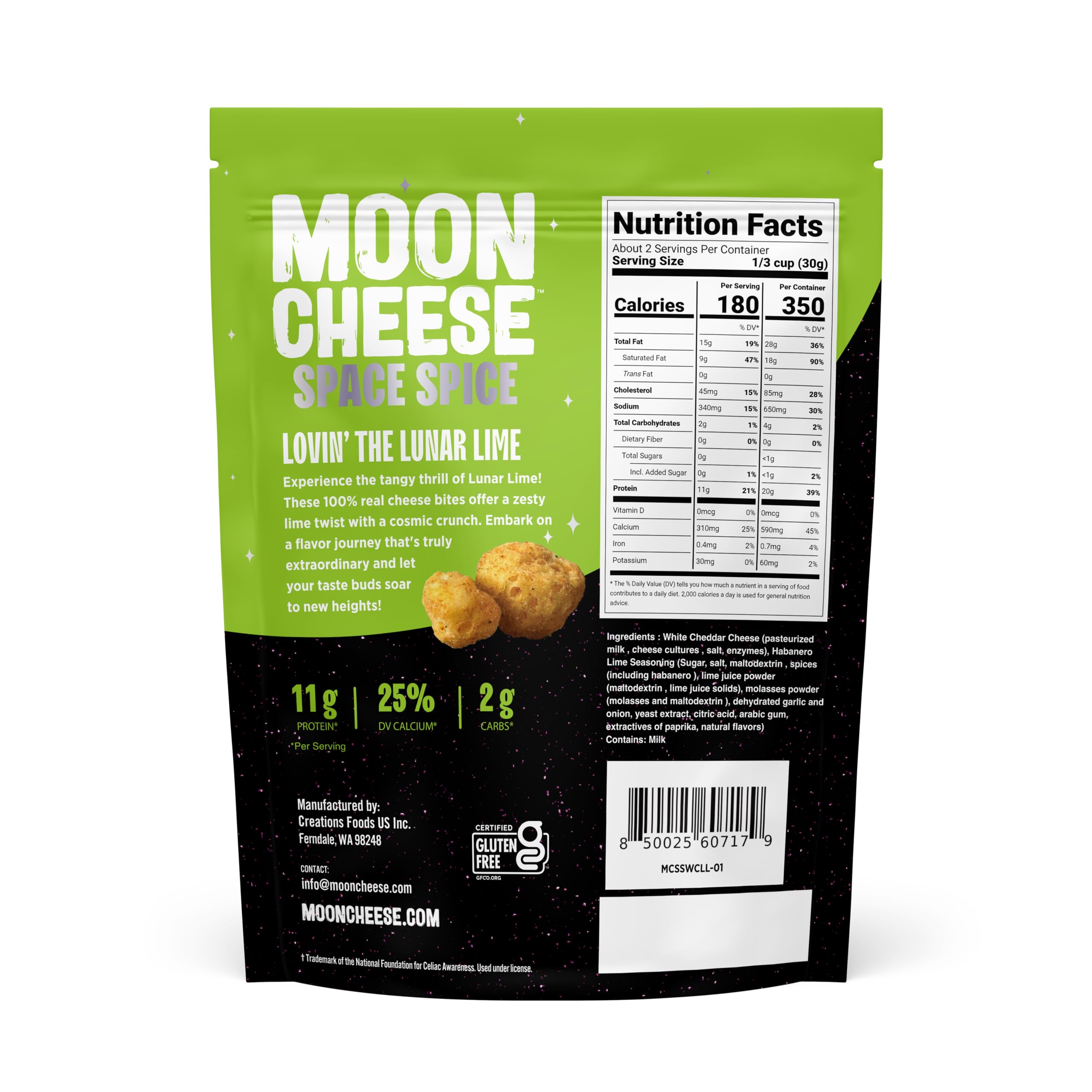 Moon Cheese Space Spice, mordisco crujiente, ideal para energía rápida durante el día.