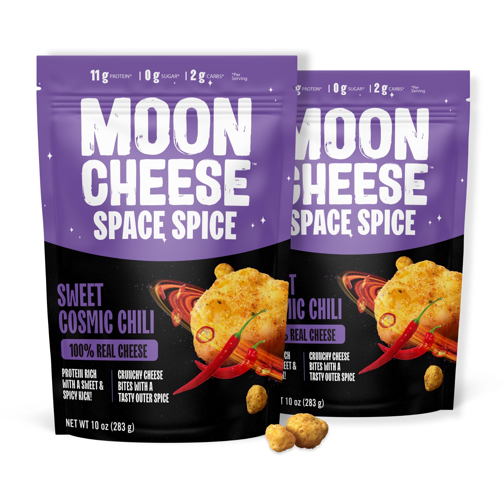 Moon Cheese Space Spice paquete frontal, snack proteico para energía diaria.
