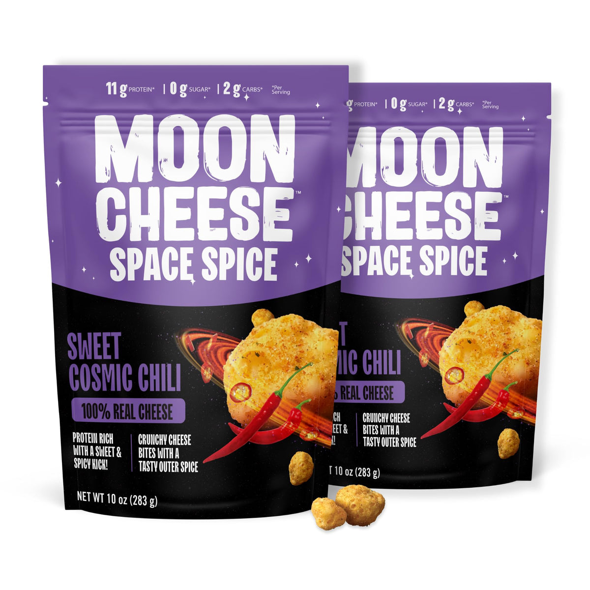 Moon Cheese Space Spice paquete frontal, snack proteico para energía diaria.