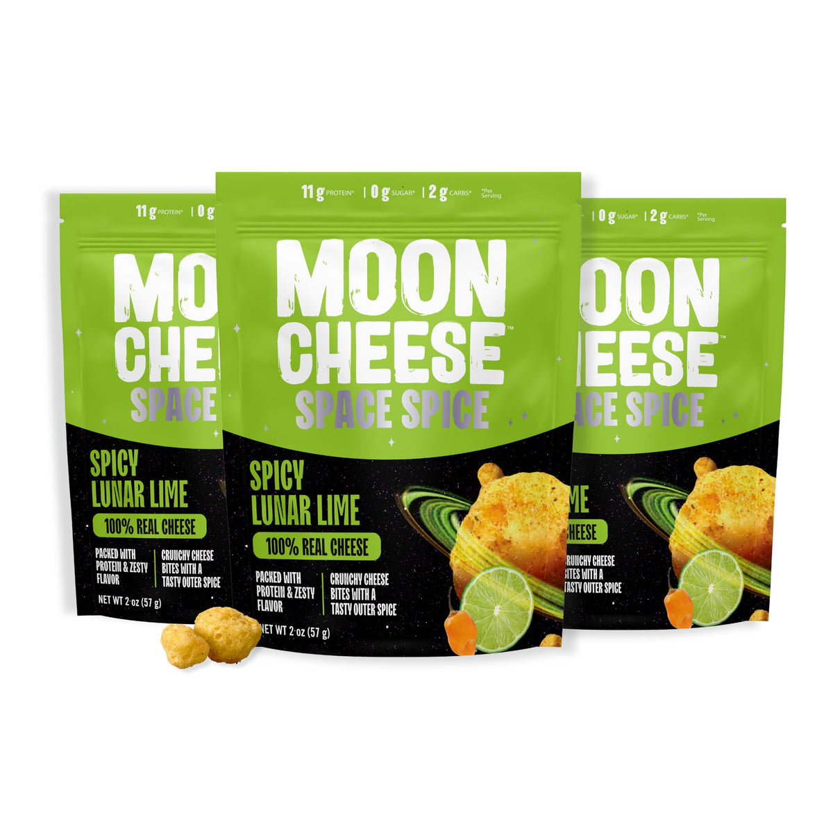 Moon Cheese Space Spice, empaque de tres bolsas, snack proteico para llevar.
