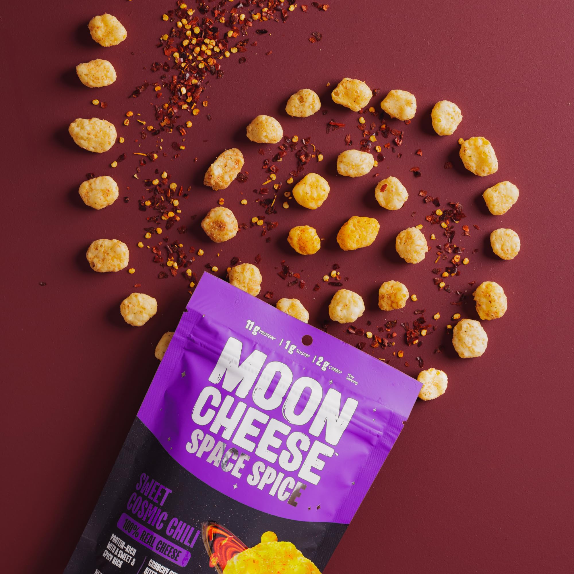 Moon Cheese Space Spice, 11 g de proteína por porción para snack rápido y satisfactorio.