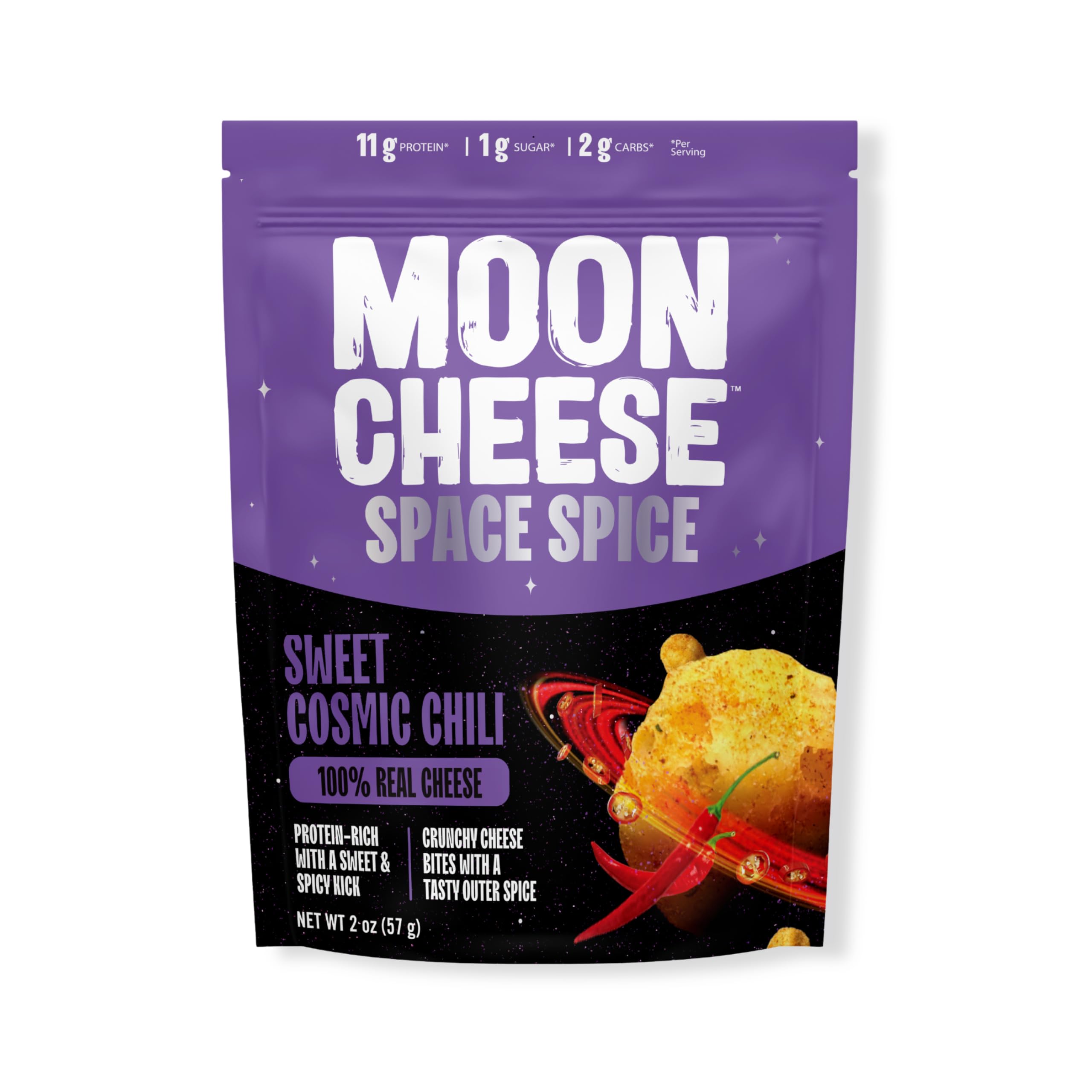 Moon Cheese Space Spice, proteína 11g, snack saludable para recargar.