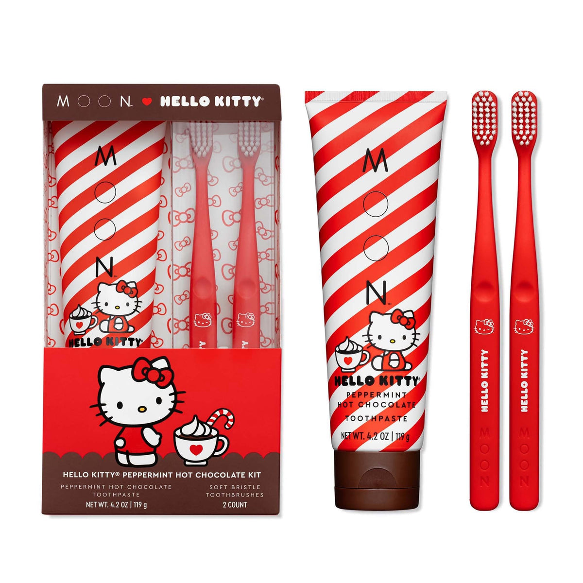 MOON Hello Kitty pasta dental mentolada con chocolate caliente para un sabor festivo.