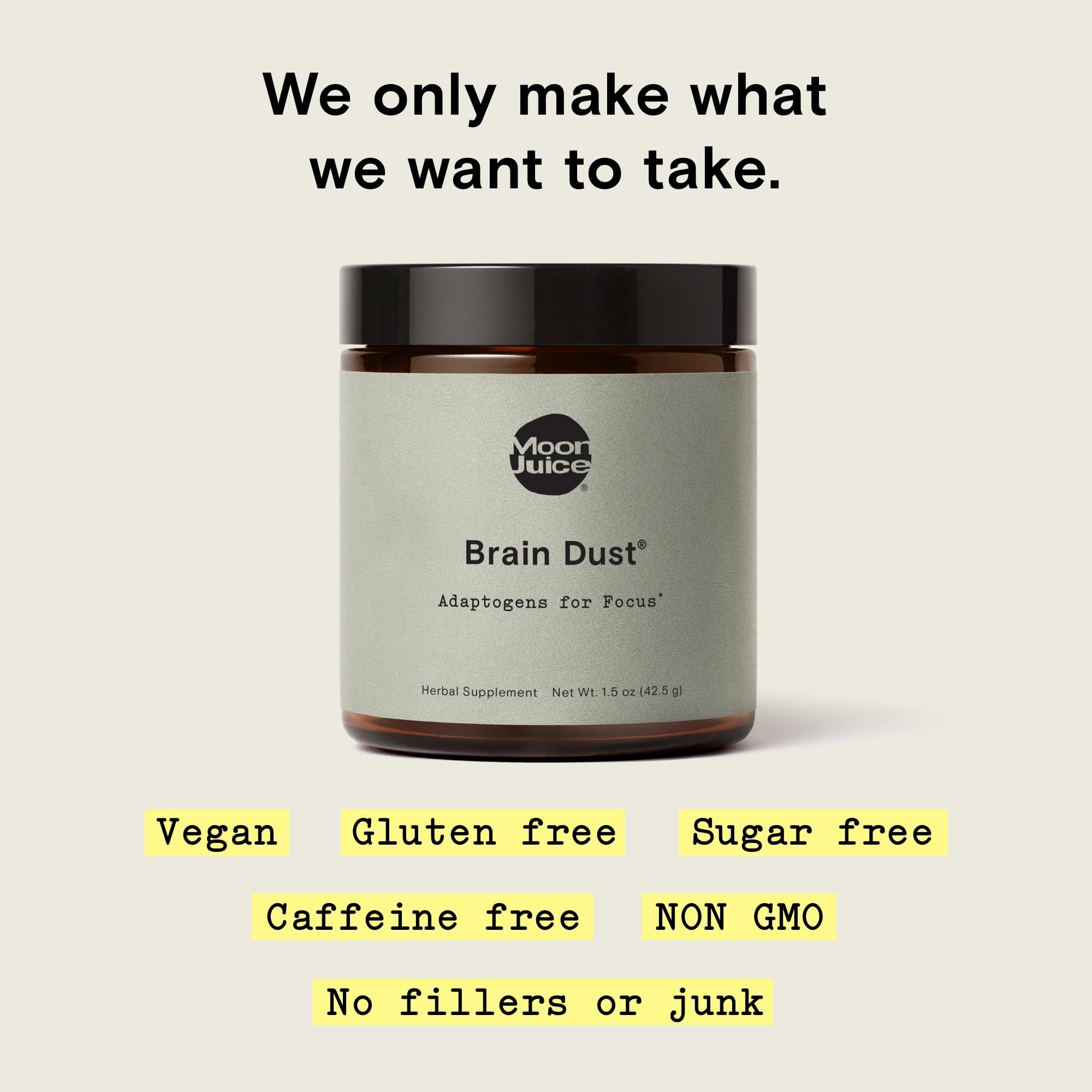 Moon Juice Brain Dust, cuchara medidora lista para mezclar en bebidas.