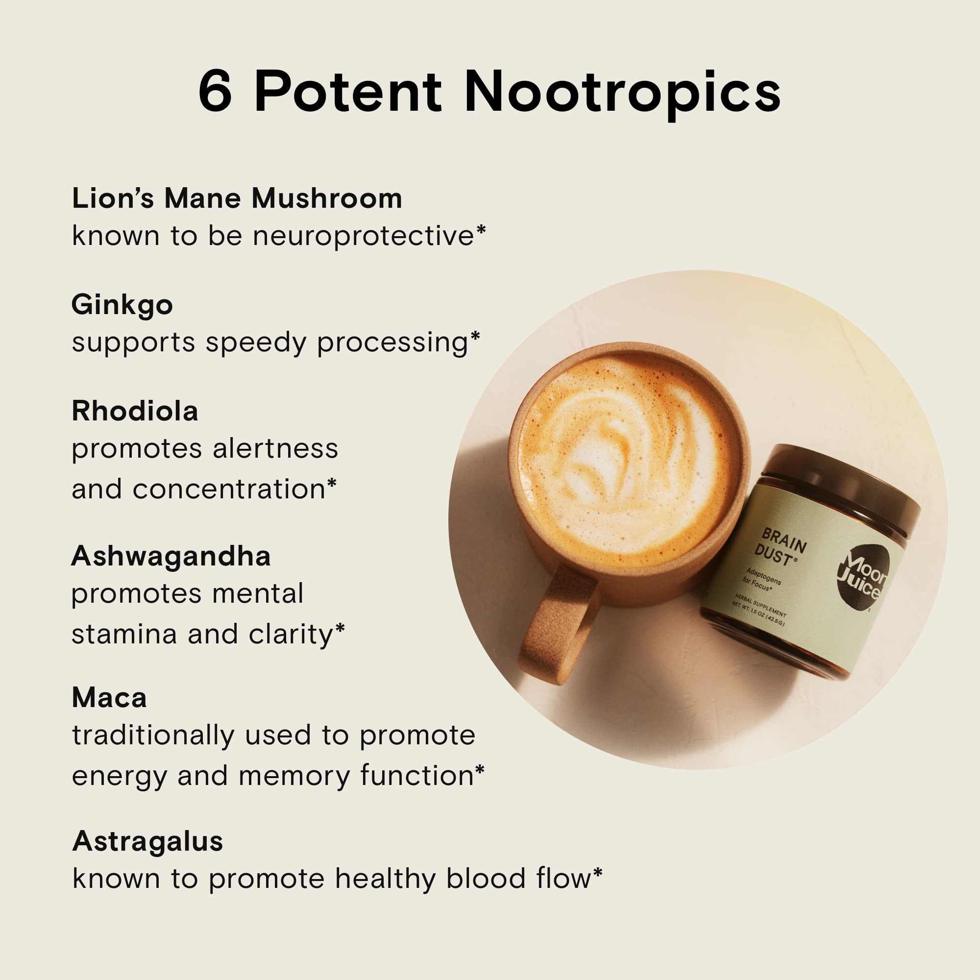 Moon Juice Brain Dust, mezcla en té para claridad mental sin cafeína.