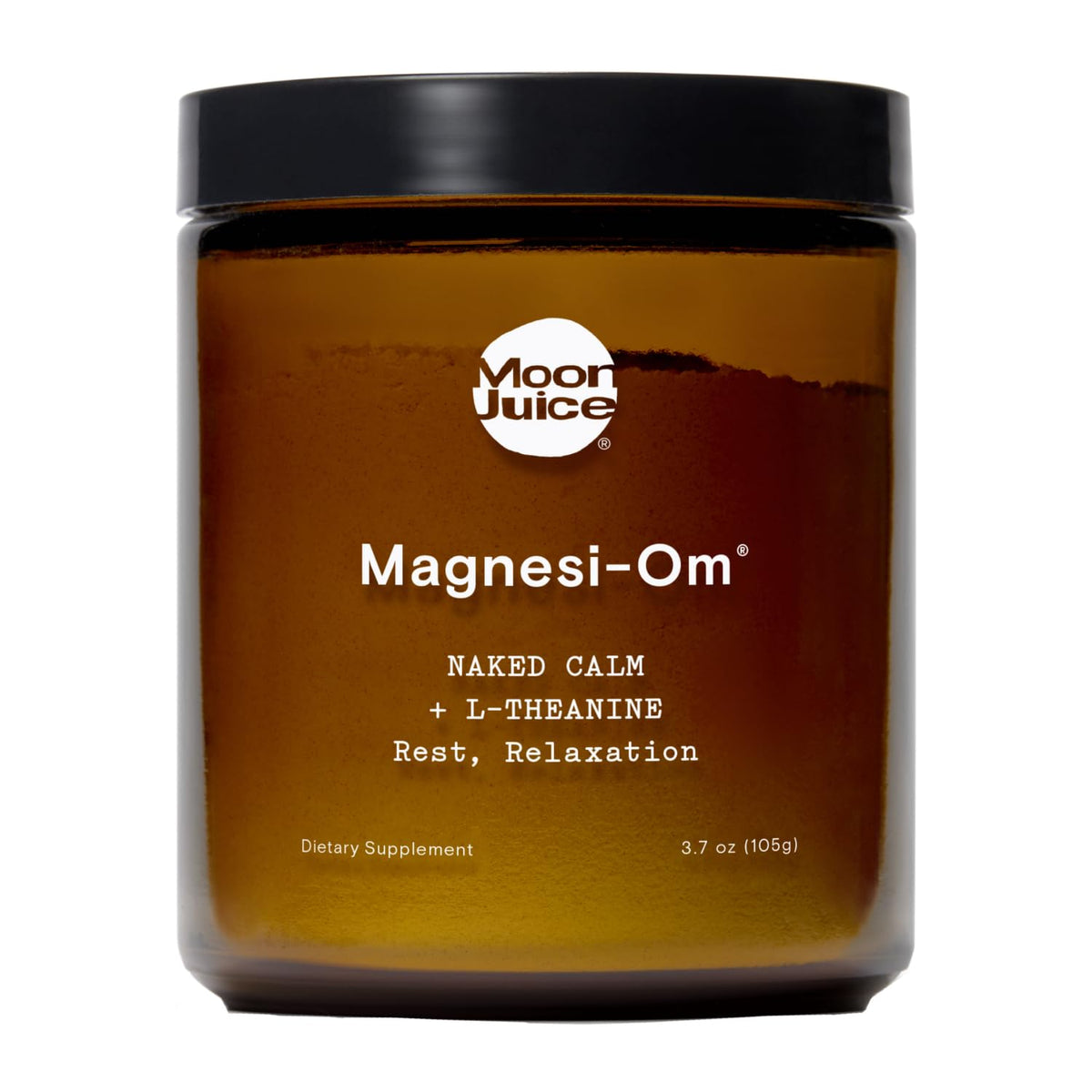 Moon Juice Magnesi-Om: bote en primer plano y apoyo para descanso y relajación.