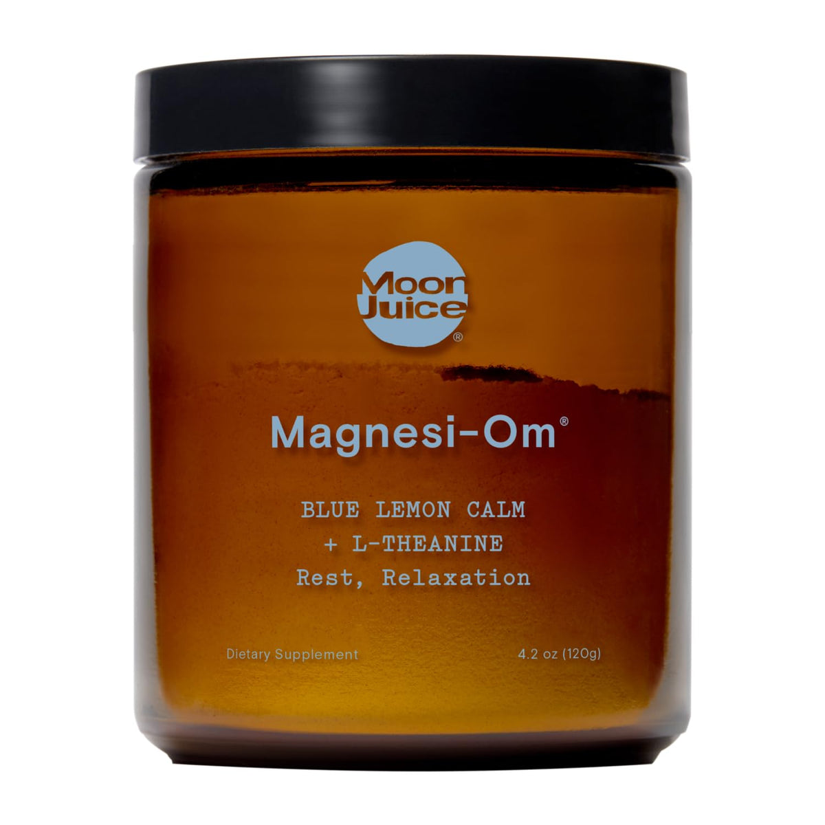 Moon Juice Magnesi-Om envase, formato 4.2 oz, para relajación nocturna.