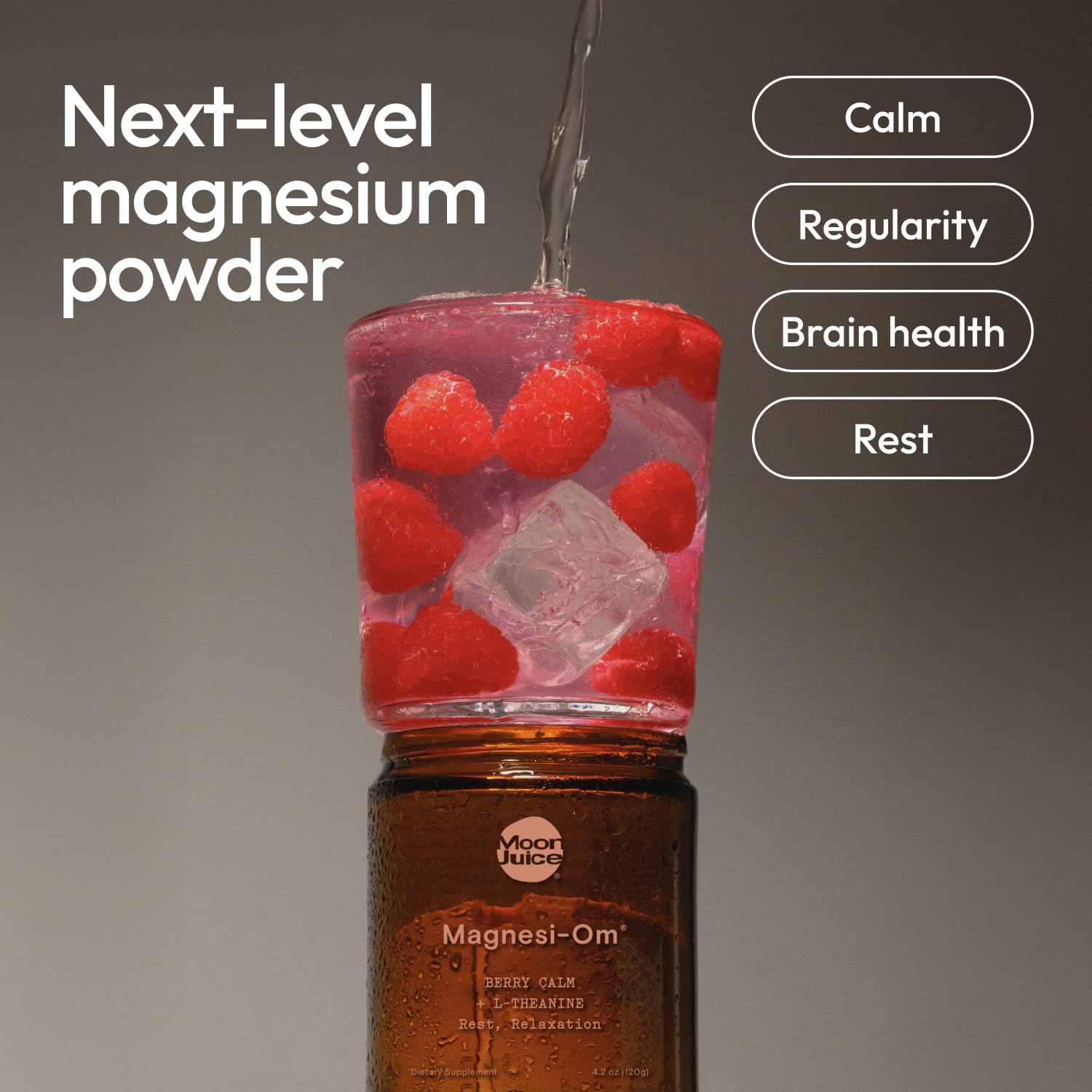 Moon Juice Magnesi-Om, etiqueta con mezcla quelada para alta biodisponibilidad.