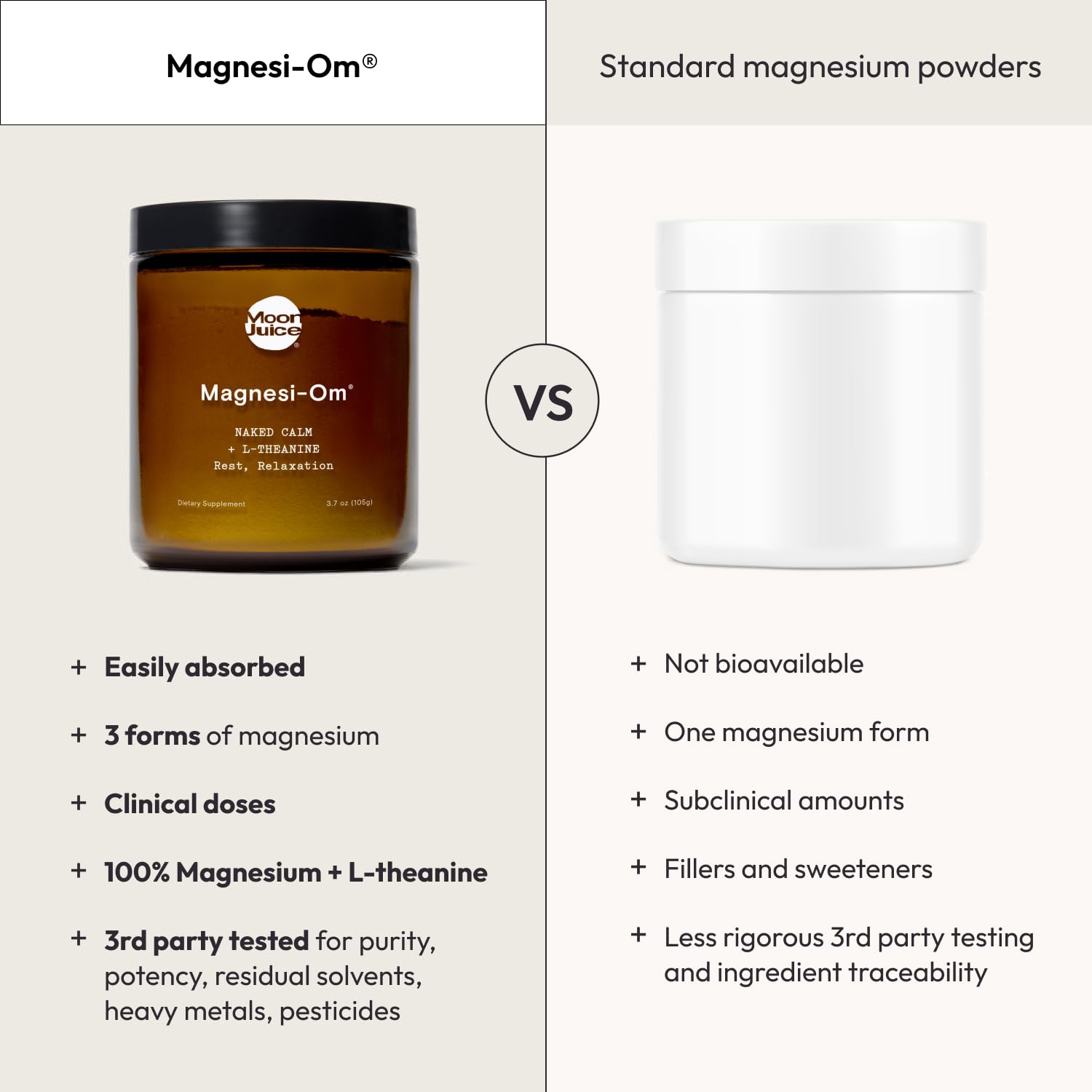 Moon Juice Magnesi-Om: etiqueta que resalta ingredientes veganos y sin azúcar.