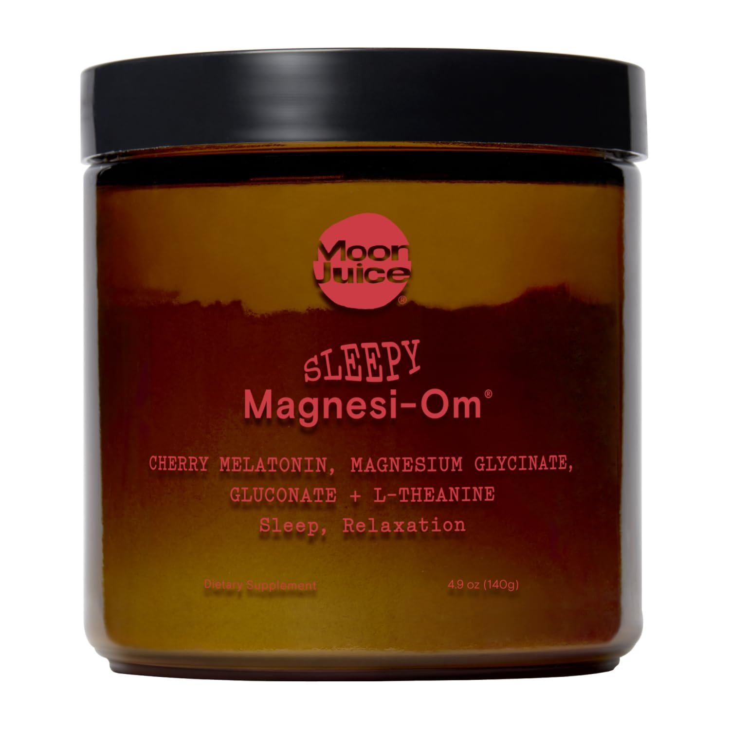 Moon Juice Sleepy Magnesi-Om en botella con etiqueta clara para descanso nocturno