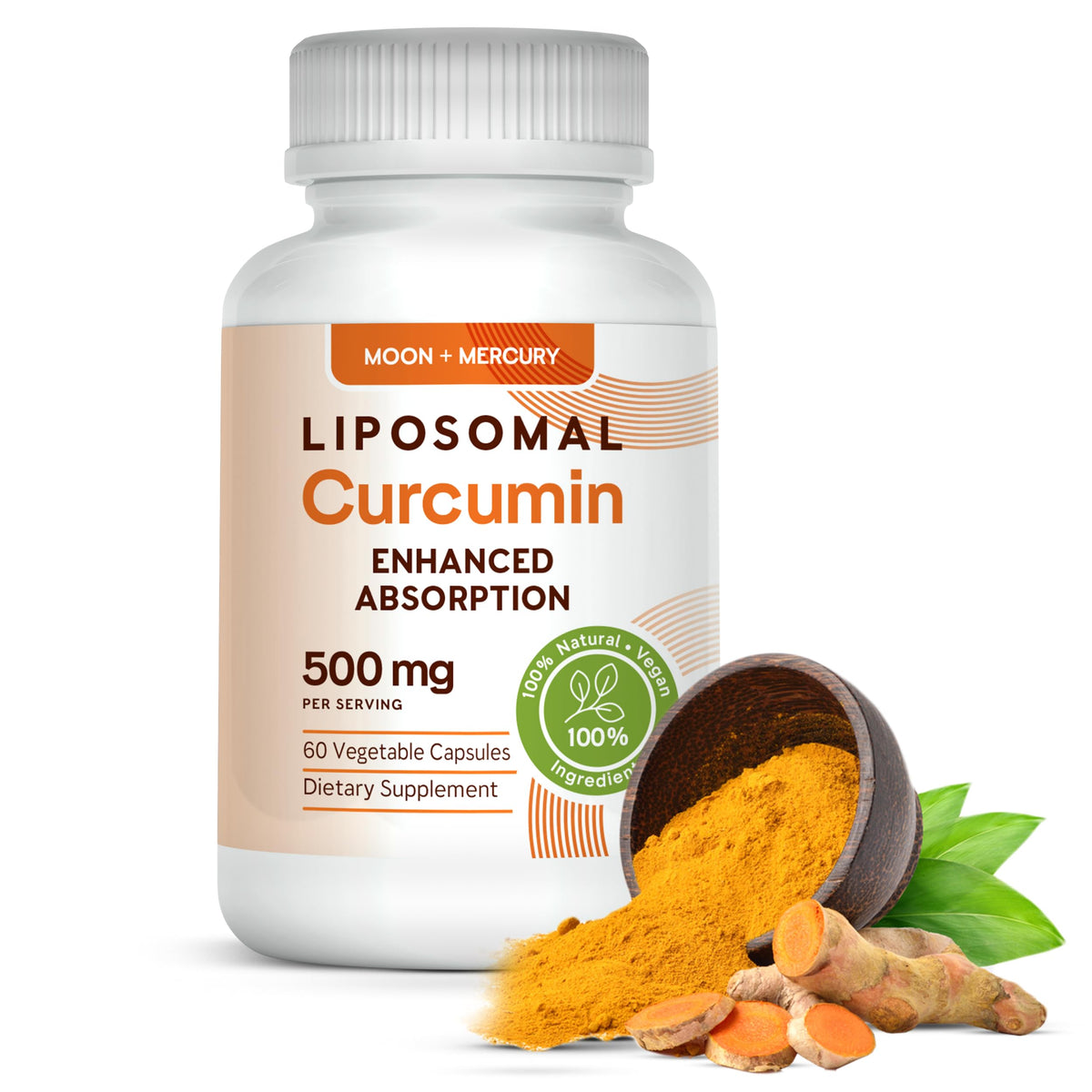 Moon + Mercury curcumina liposomal: cápsulas de absorción mejorada para apoyo articular.
