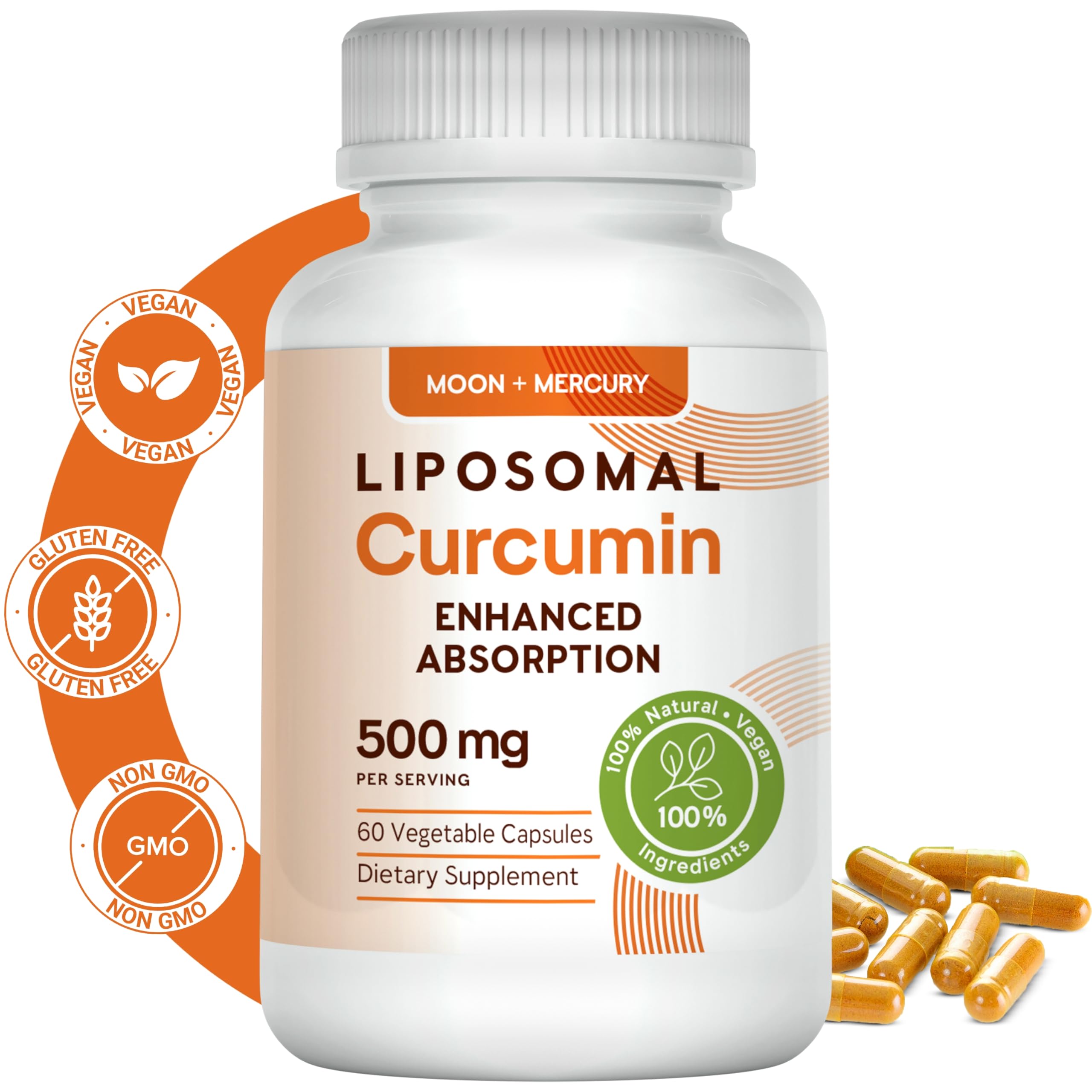 Moon + Mercury etiqueta curcumina liposomal: presentación conveniente para uso diario.