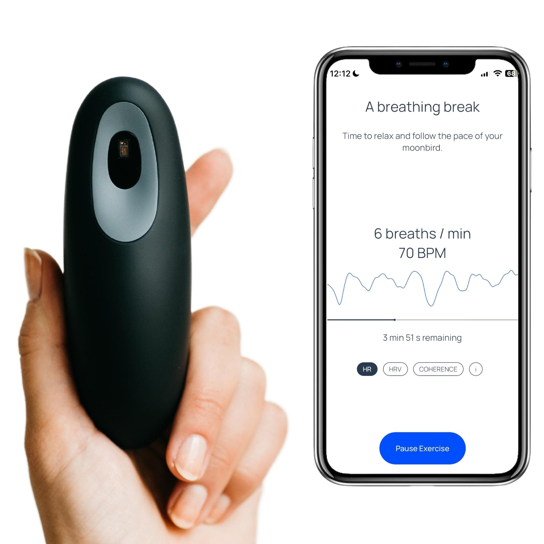 Moonbird en la mano, guía de respiración para calma rápida.