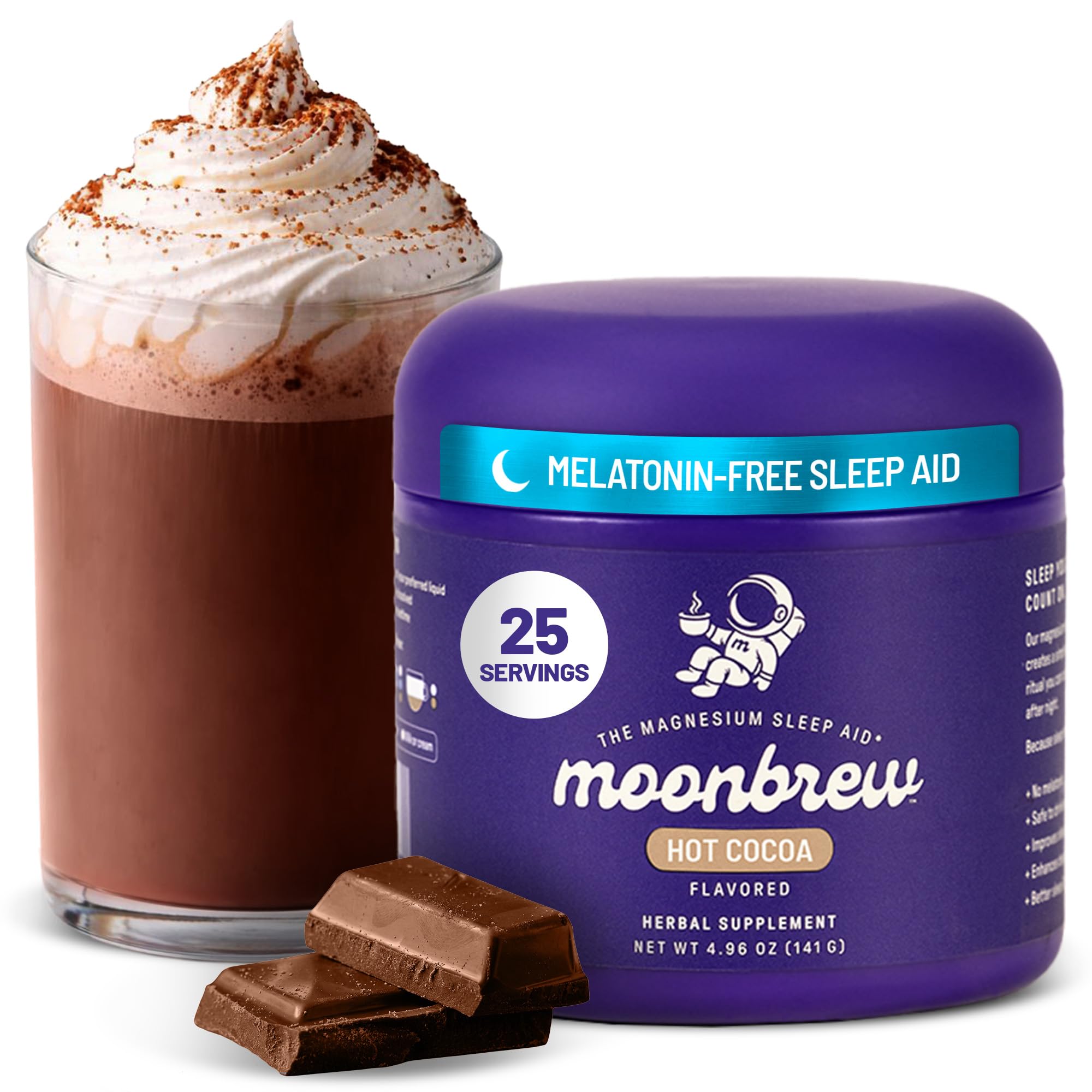 MoonBrew cacao nocturno en taza humeante para relajación nocturna.