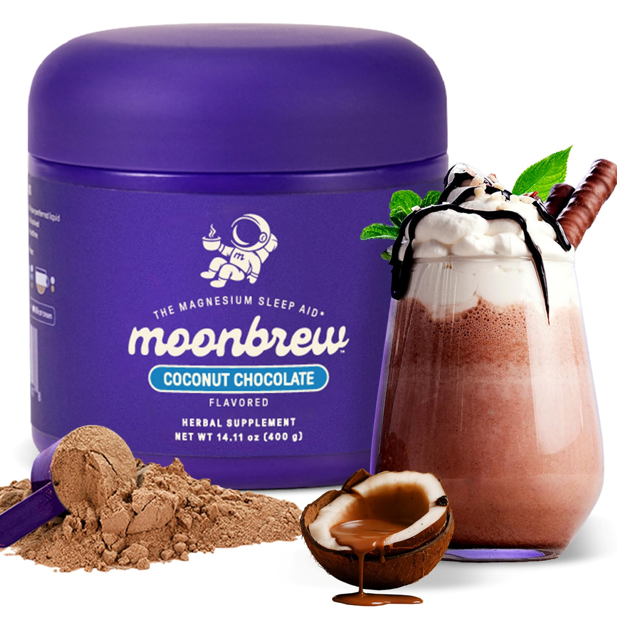 MoonBrew Noche Coco Chocolate Mezcla: bebida nocturna cremosa para relajarse.