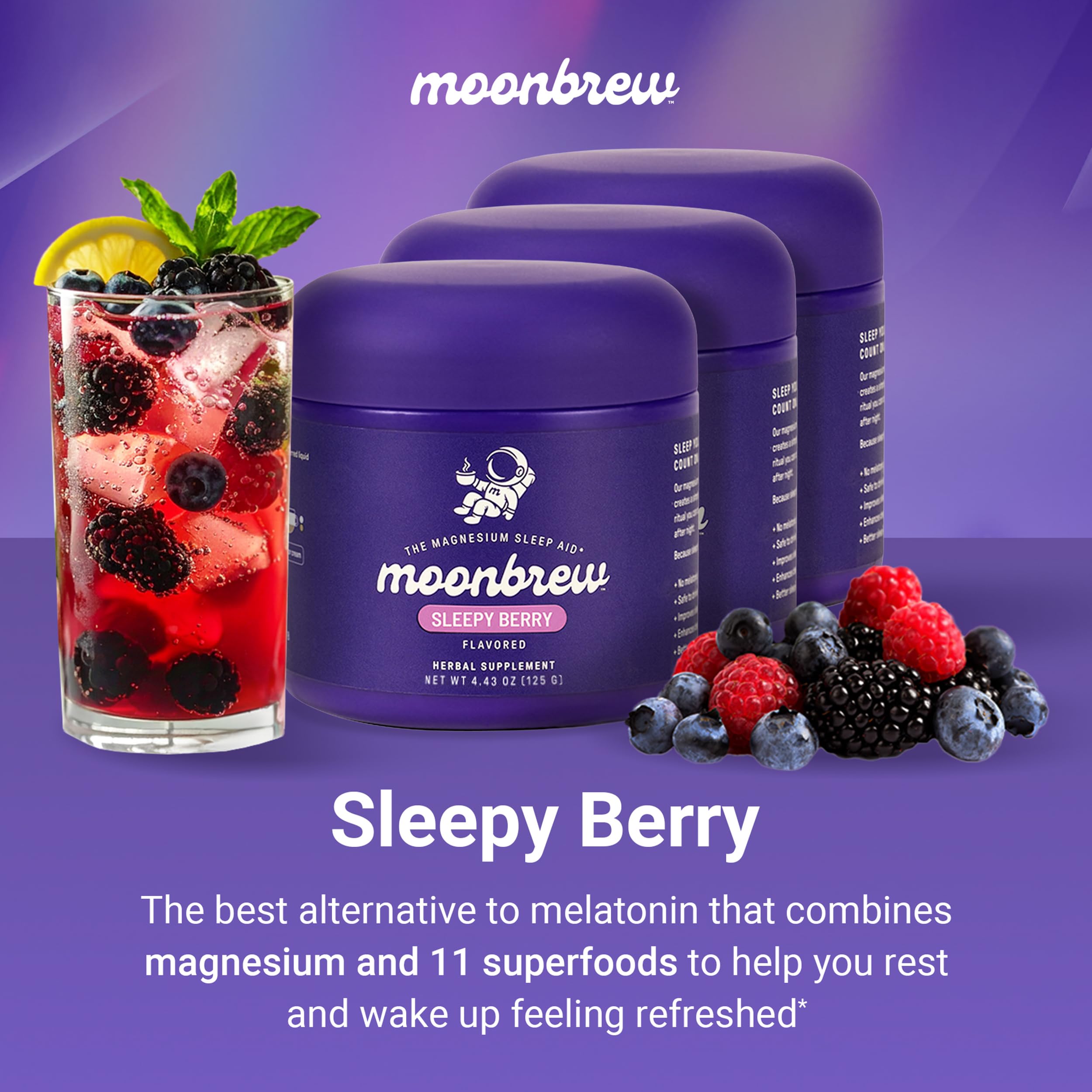 MoonBrew Sleepy Berry, taza con bebida lista para una noche tranquila