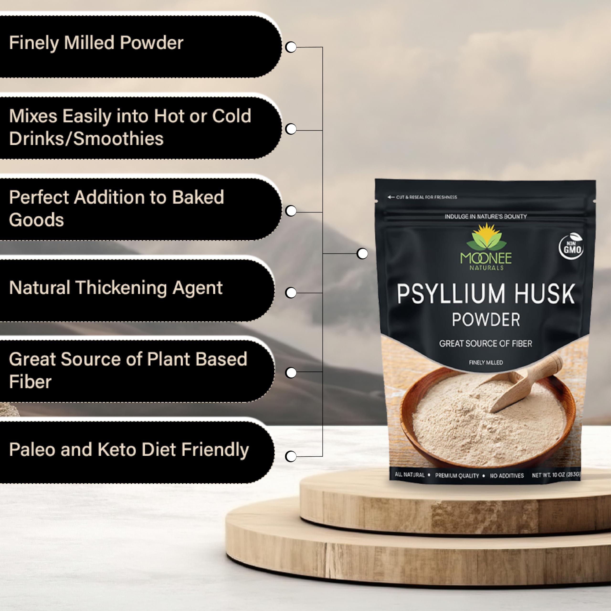 Moonee Naturals Polvo Psyllium envase con cucharita medidora para uso preciso