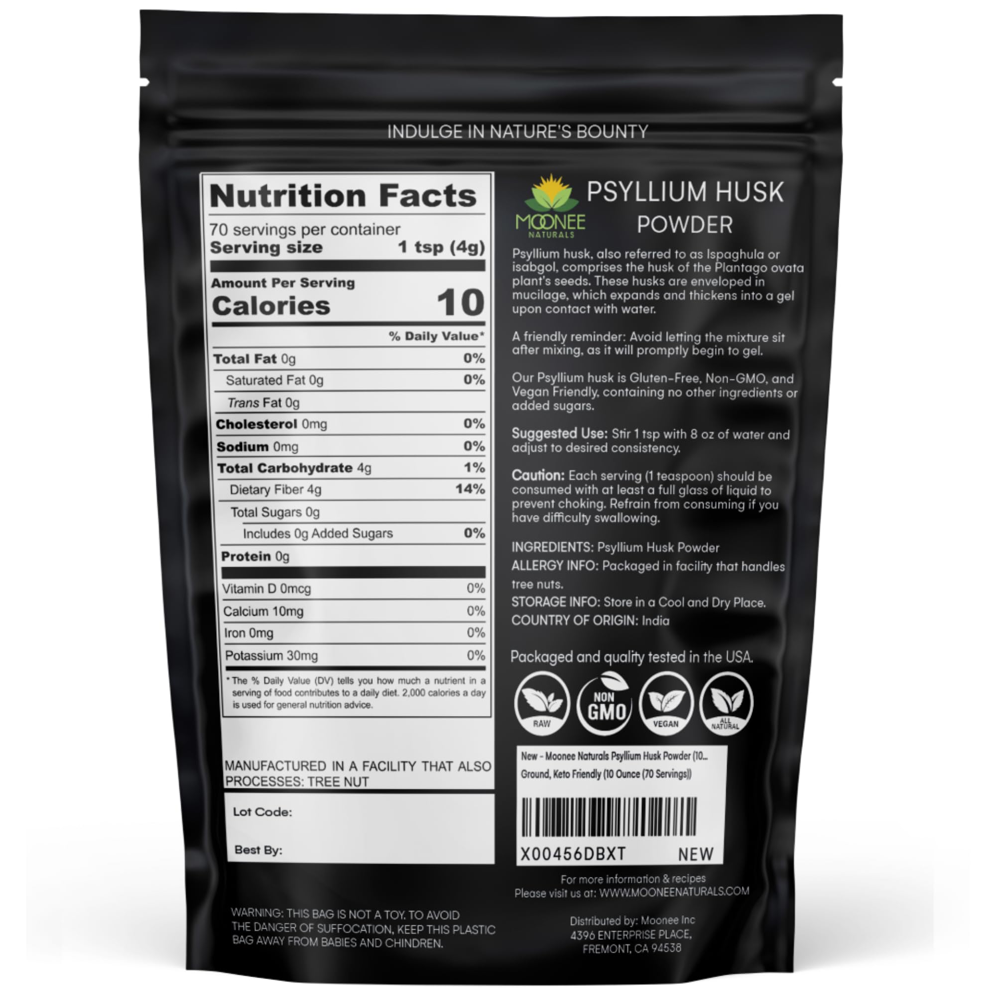 Moonee Naturals Polvo Psyllium ingrediente sano para añadir a comidas