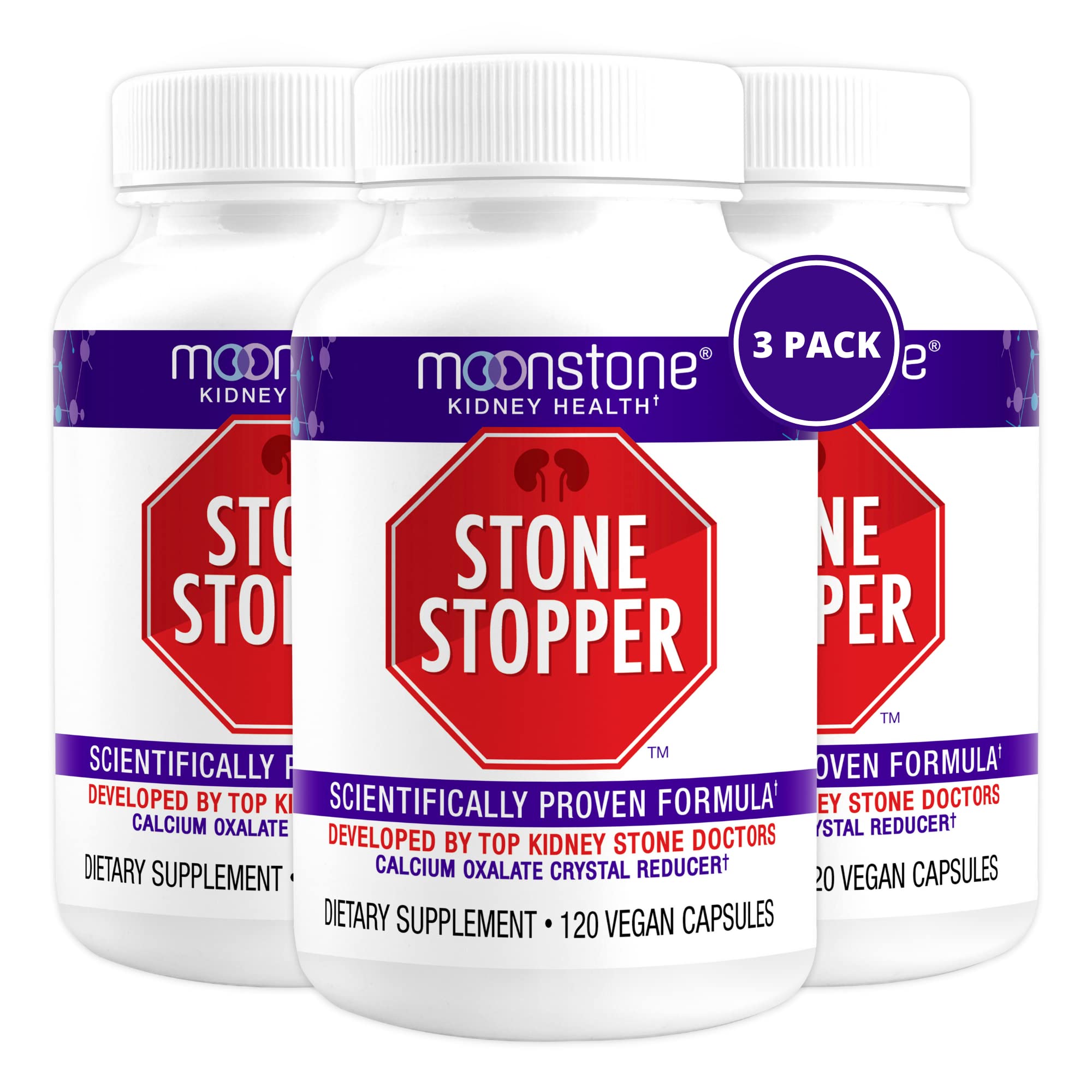 Moonstone Stone Stopper: botella con cápsulas para apoyo renal diario.