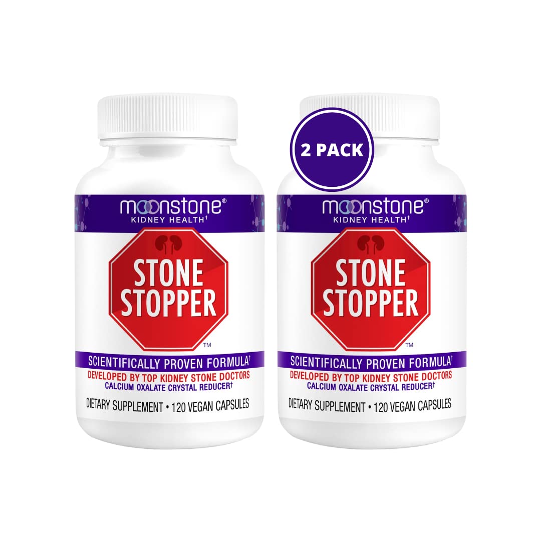 Moonstone Stone Stopper cápsulas, detalle de etiqueta, posible apoyo a la salud renal.