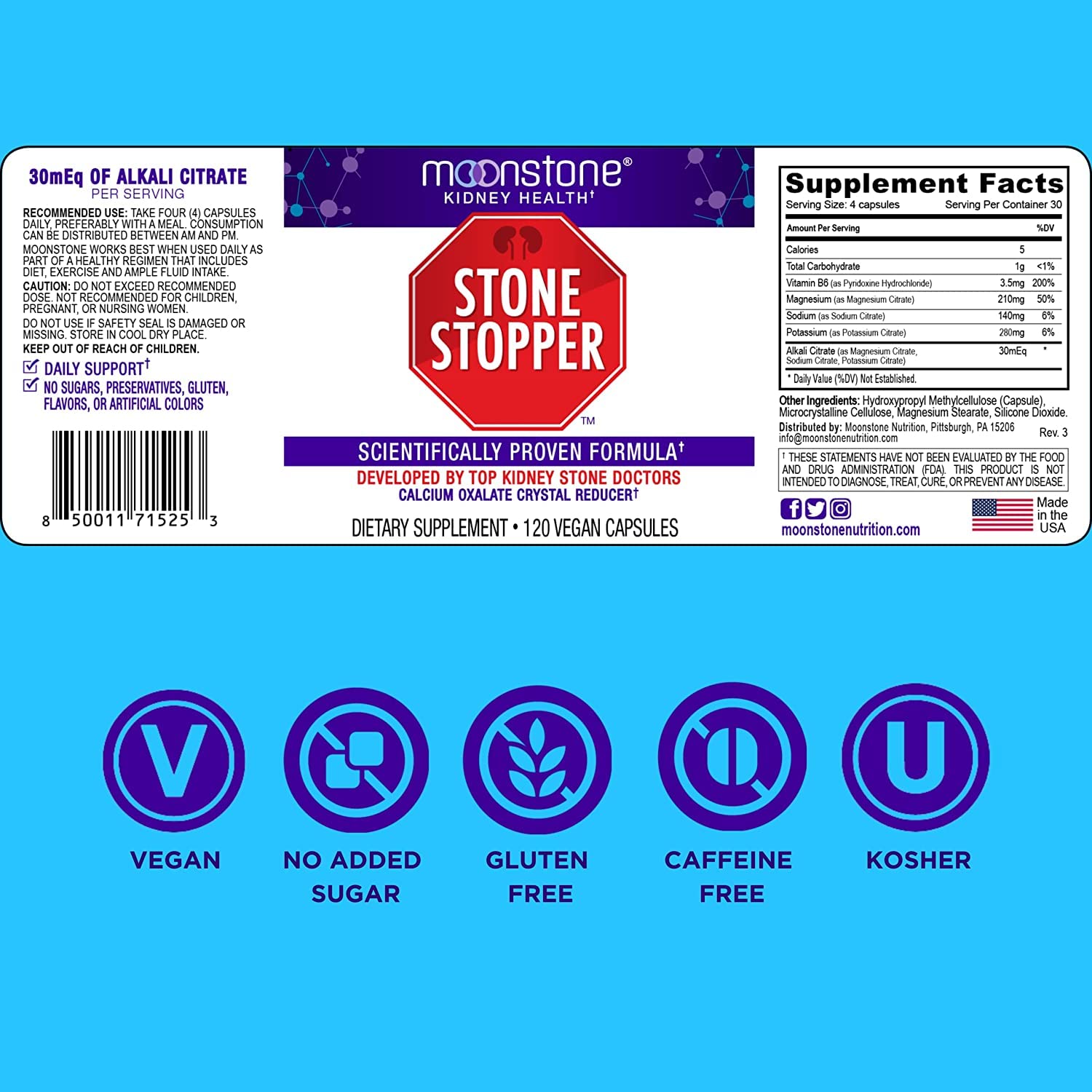Moonstone Stone Stopper, manos sosteniendo cápsulas, posible apoyo a la salud urinaria.