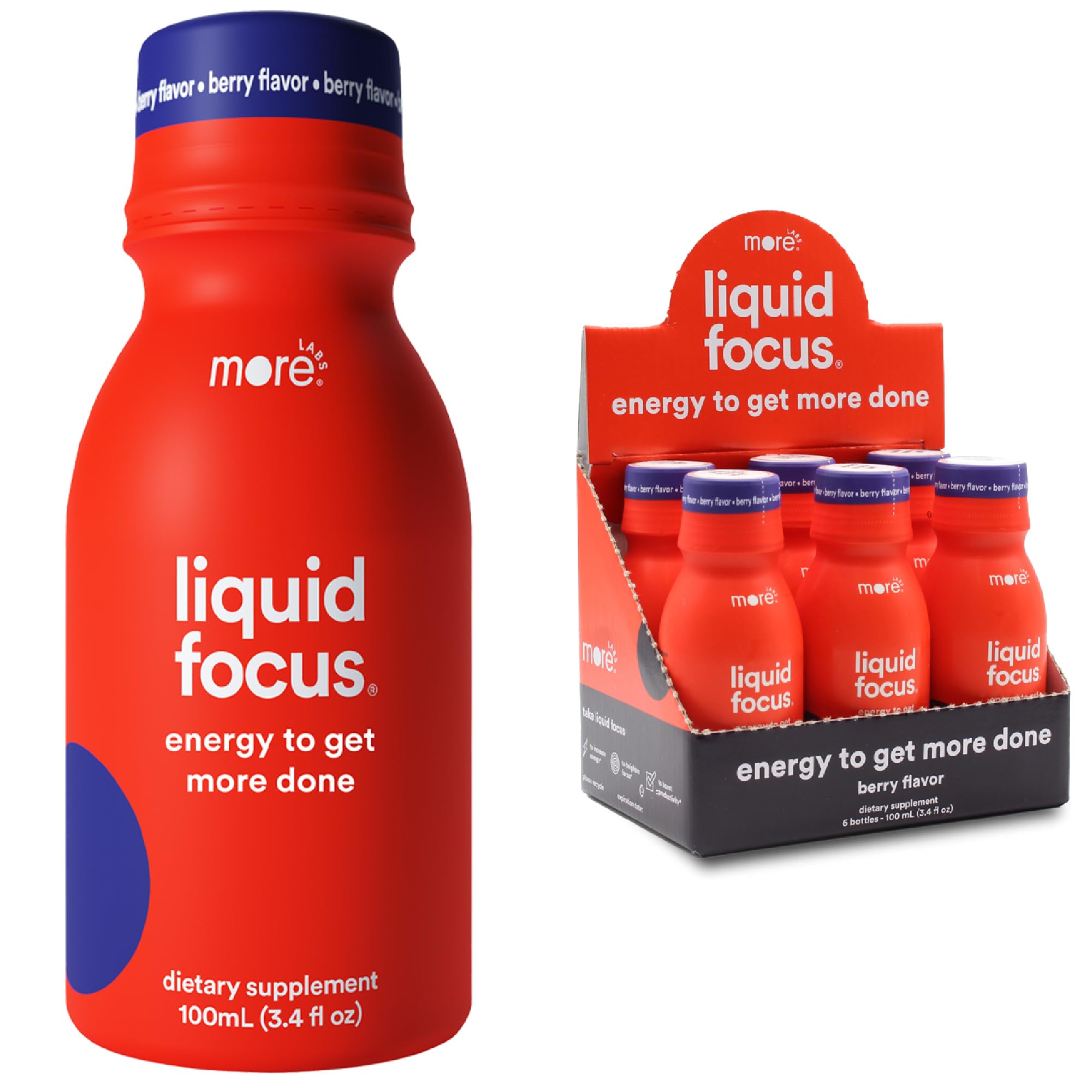 More Labs Liquid Focus, botella frontal: enfoque claro durante el día y productividad sostenida.