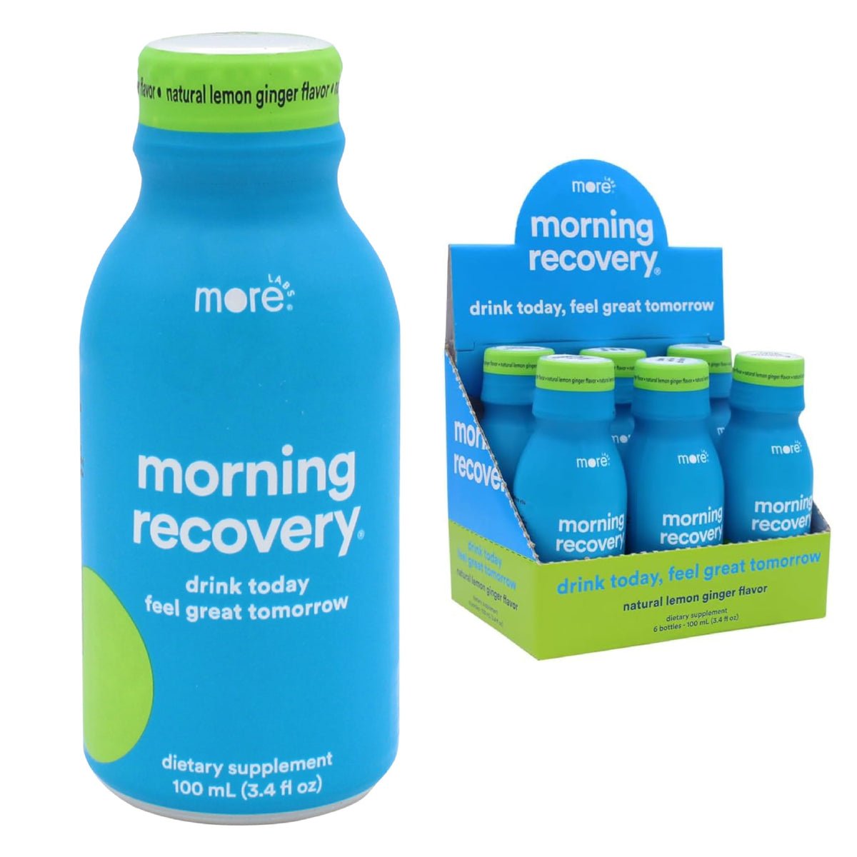 More Labs Morning Recovery DHM Electrolyte, botella lista para beber tras una noche de fiesta.