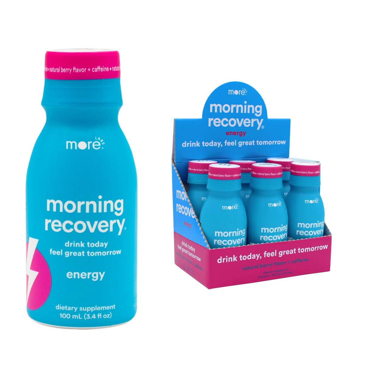More Labs Morning Recovery, botella de electrolitos para hidratación y energía.