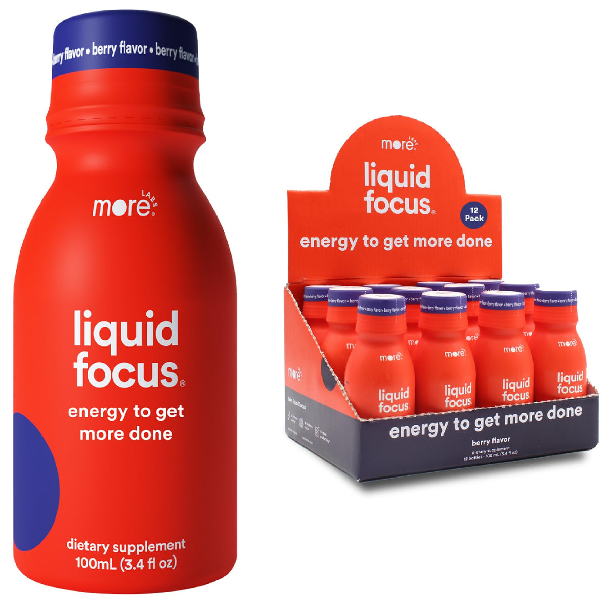 More Labs Liquid Focus botella energizante para concentración sostenida durante el día.