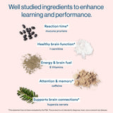 More Labs Liquid Focus ingredientes clave como ginseng y cafeína para apoyo a la concentración.