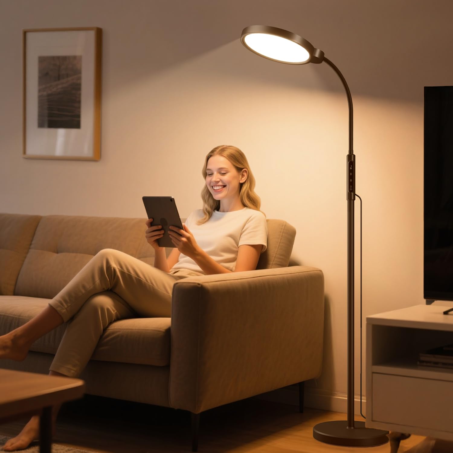 Lampara Morfone de terapia de luz en suelo, ideal para lecturas largas en días nublados.