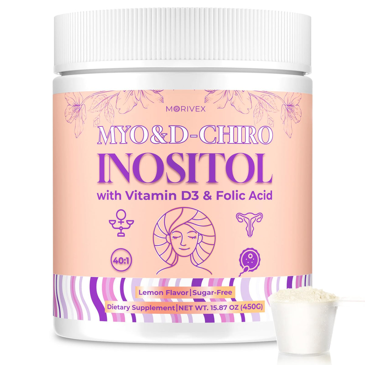 Morivex Myo-Inositol y D-Chiro Inositol en pote, dosis de 4000 mg para equilibrio hormonal.