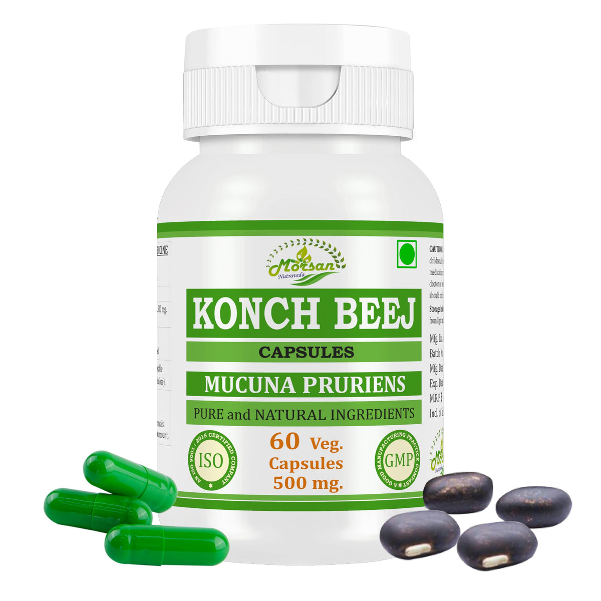 Cápsulas Morsan Nutraveda Kaunch en frasco para uso diario en un estilo de vida natural.