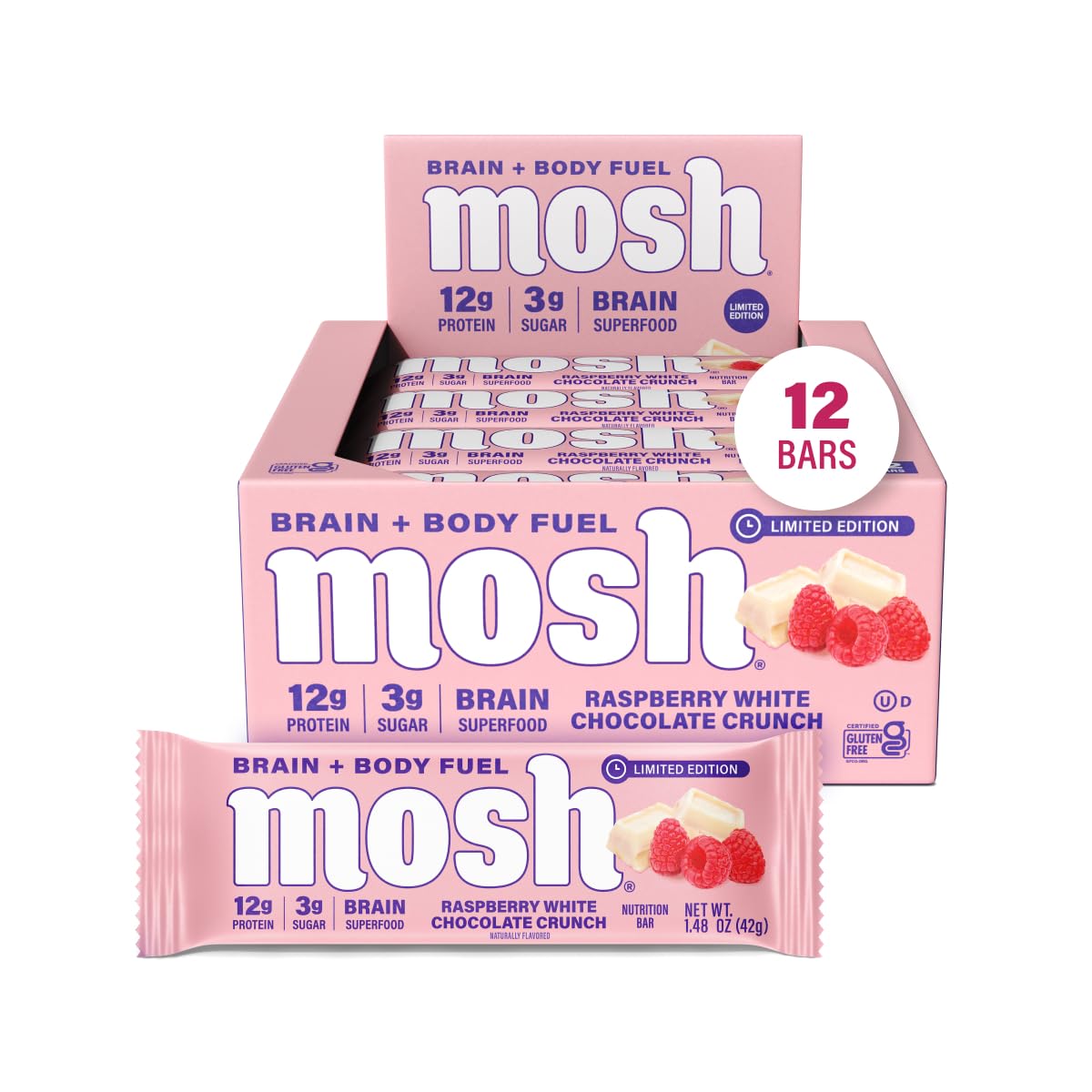 Barra MOSH frambuesa con chocolate blanco crujiente para snack sabroso y saciante.