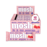 Barra MOSH frambuesa con chocolate blanco crujiente para snack sabroso y saciante.