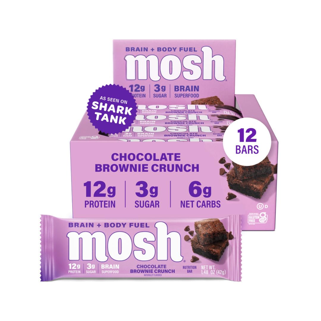 MOSH barra proteína keto chocolate brownie, energía sostenida para el día.