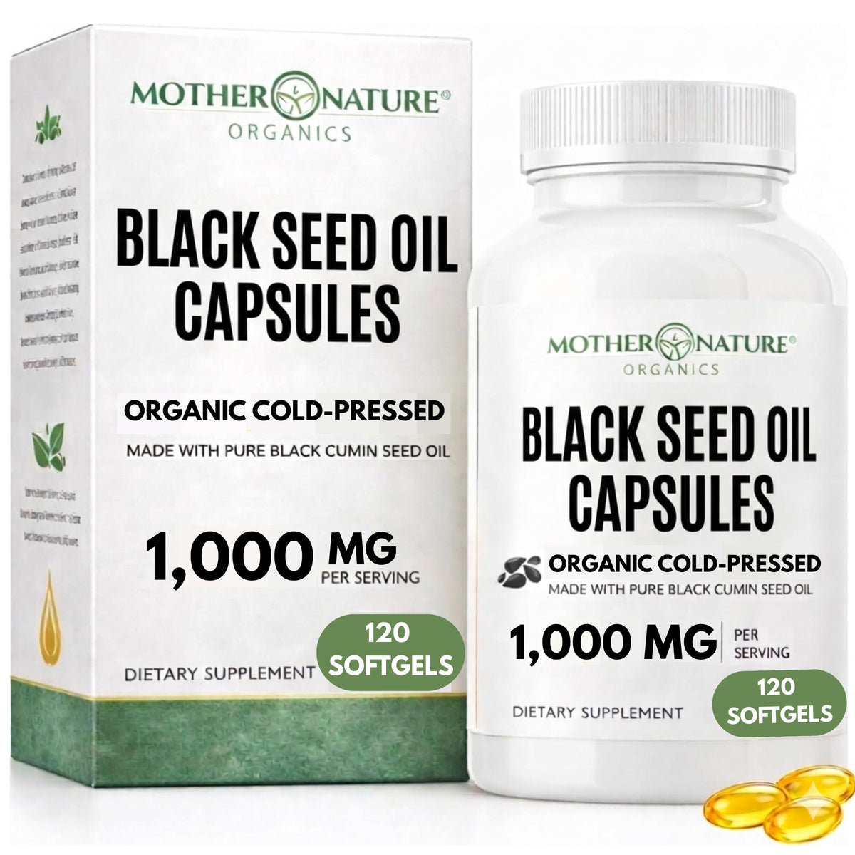 Mother Nature Organics aceite de semilla negra en cápsulas, posible apoyo inmune diario.