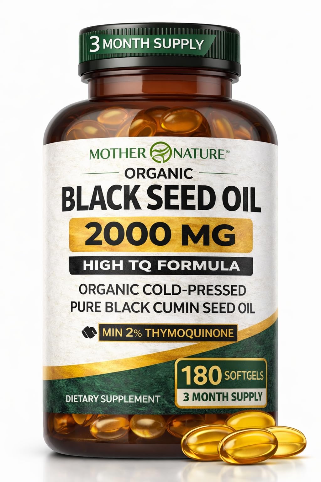 Mother Nature Organics aceite de semilla negra en botella, posible apoyo inmune diario.