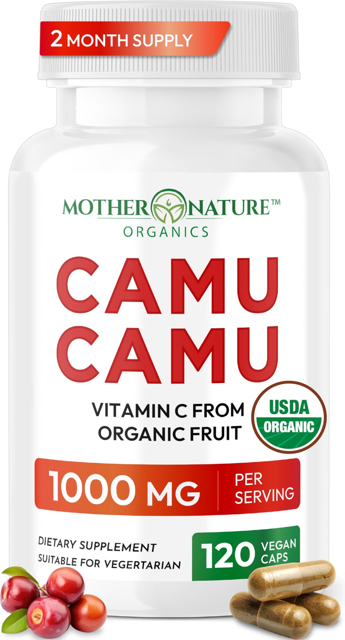 Mother Nature Organics Camu Camu cápsulas en botella para uso diario seguro