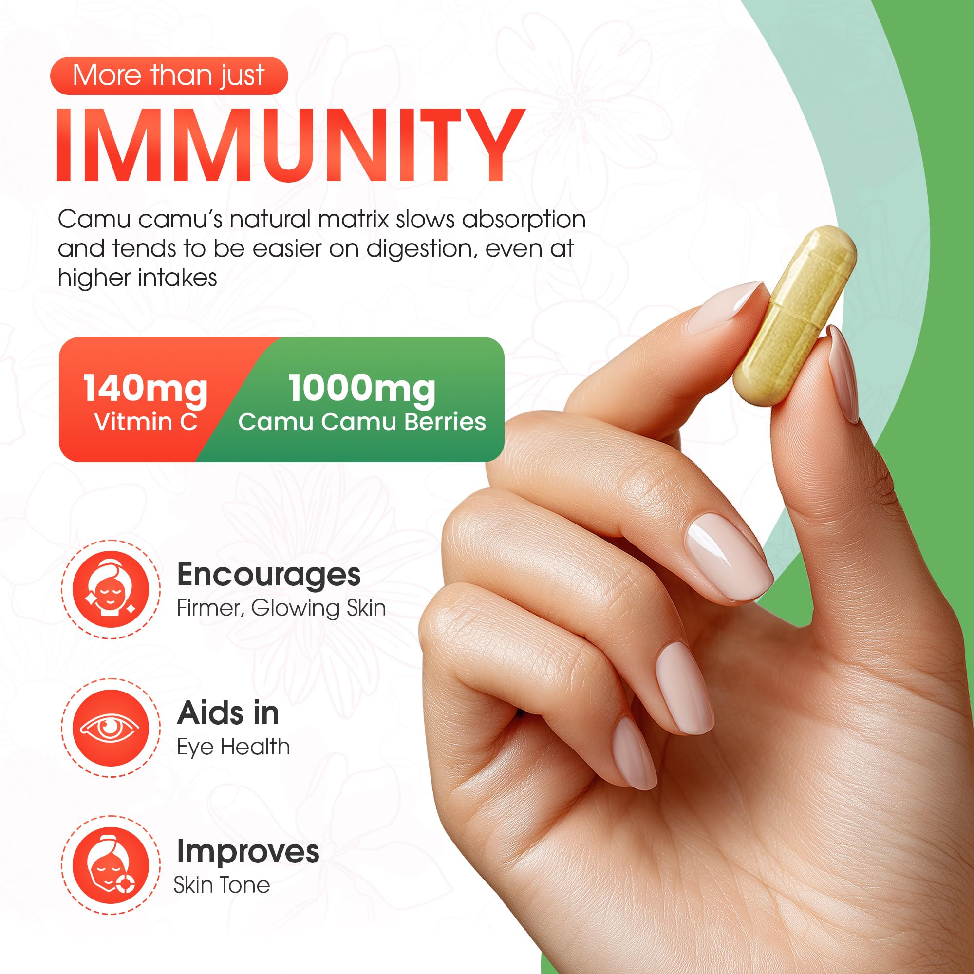 Primer plano de cápsulas Camu Camu de Mother Nature Organics para absorción suave