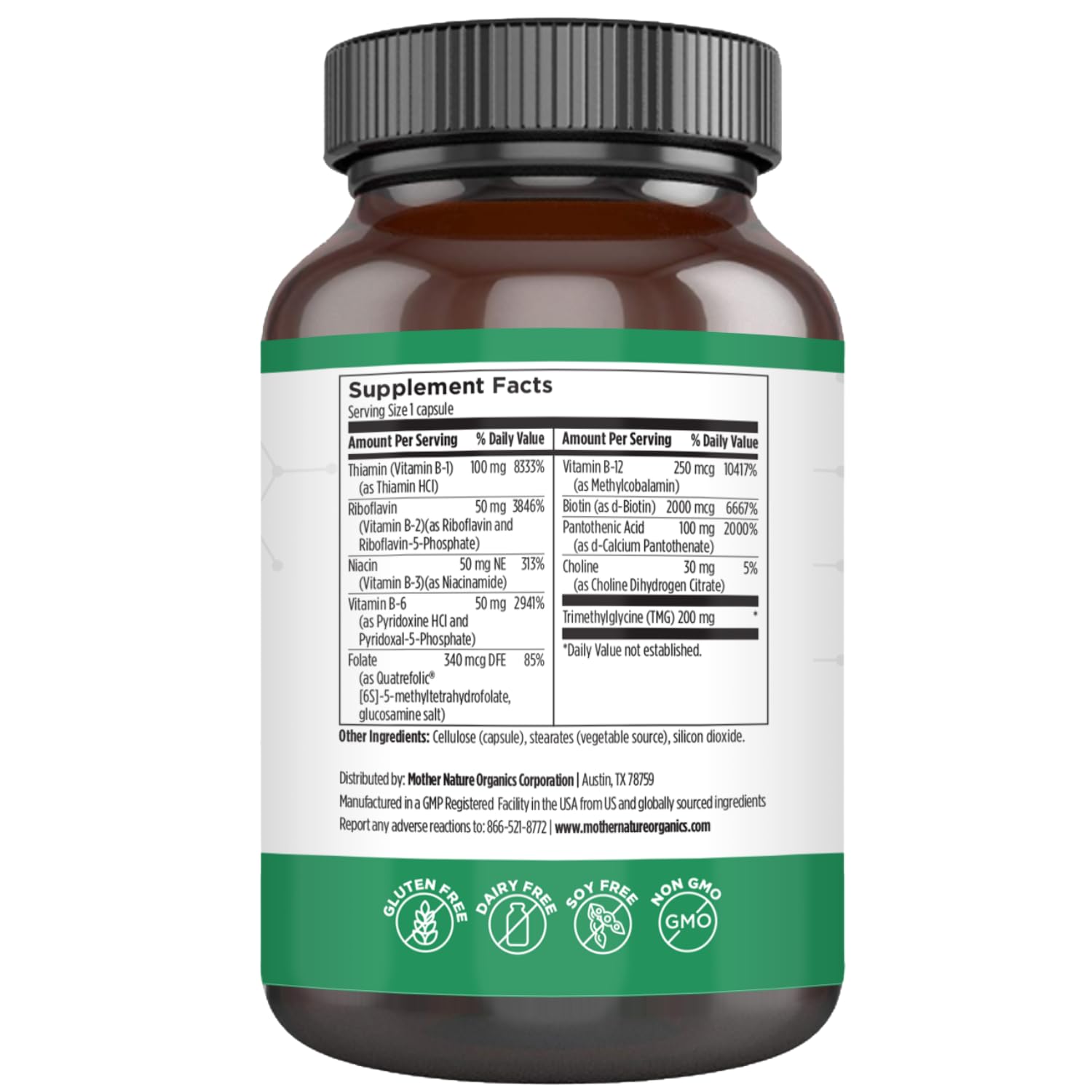Mother Nature Organics Complejo B Metilado, etiqueta visible, detalla beneficios para energía y metabolismo